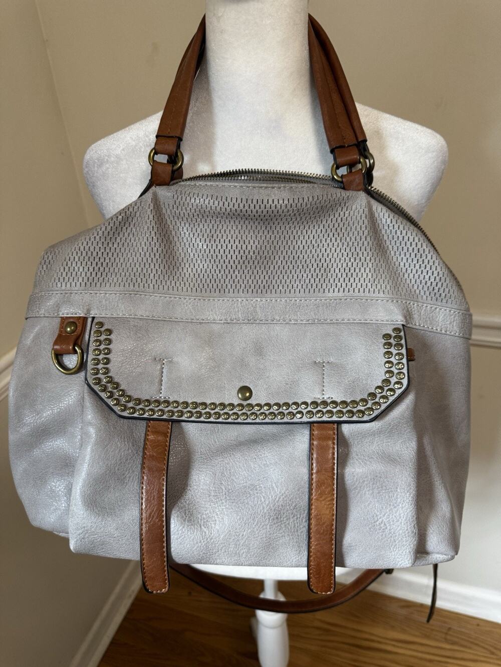 Antik Kraft Gray Studded Crossbody Hobo Bag Faux Leather Brown Trim